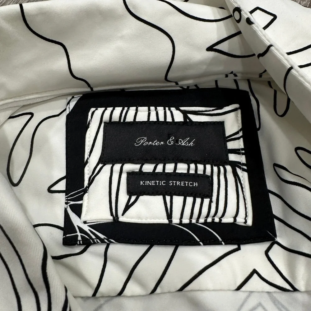 Porter & Ash Kinetic Stretch Mens‎ Large White Black Tropical Leaf Button Down